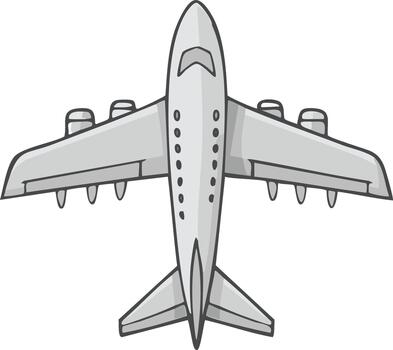 Top down view illustration of a large passenger airplane in a simple cartoon sketch style vector