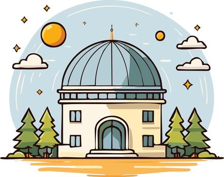 Illustration of an observatory building with sun, clouds, and trees vector