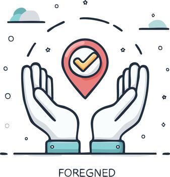 Stylized pair of hands protecting location pin with checkmark over flat surface, abstract design shows confirmation vector