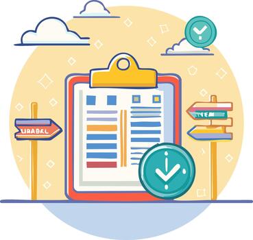 Clipboard with checklist coin and direction signpost decision conceptual vector