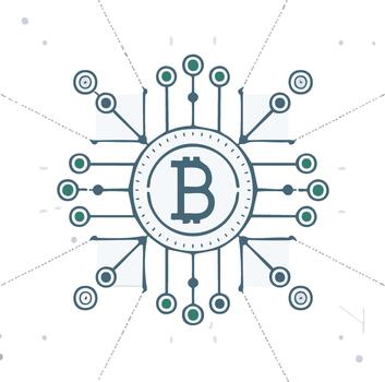 Digital currency network centered on Bitcoin symbol connecting multiple nodes in abstract technology concept vector