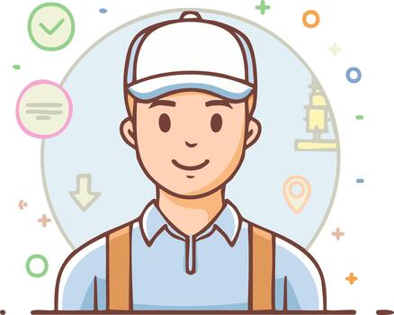 dibujos animados trabajador retrato sonriente con gorra, cheque marca, ubicación alfiler, lista icono vector