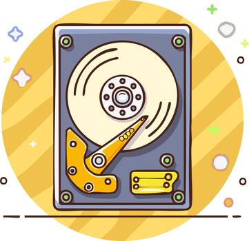 Cute cartoon illustration of a computer hard disk drive with spinning platter for data storage vector