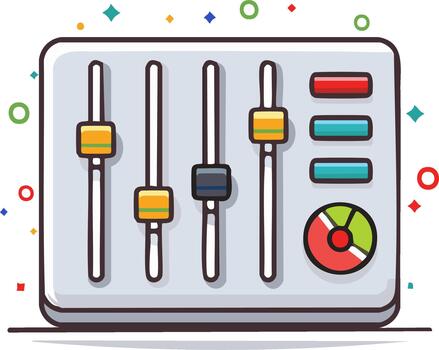 dibujos animados audio mezclador ilustración con deslizadores, botones, y volumen marcar, vistoso diseño vector