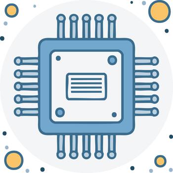 Blue computer processor chip with numerous pins and data display icon vector
