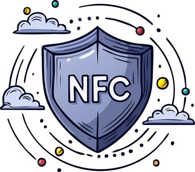 Secure NFC payment protection symbol with digital network clouds and particles vector