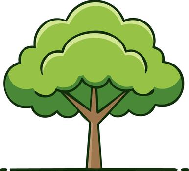 Cartoon illustration of a leafy deciduous tree with brown trunk and simple green grass line for creative concepts vector