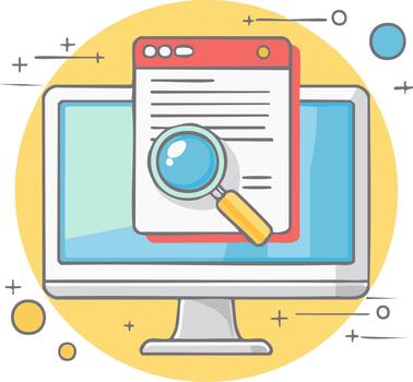 Magnifying glass searching a digital document on a computer screen for online research and analysis vector