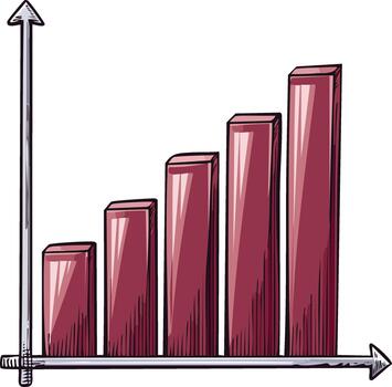 Hand-drawn bar graph showing growth and rising financial success with upward arrow vector