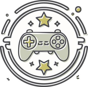 Joyful game controller surrounded by starry celebratory elements and decorative circles vector