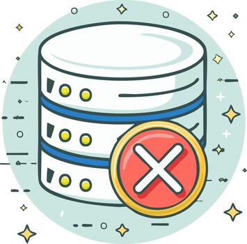 Server database storage system with red cross mark indicating data error or rejection vector