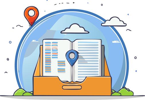 Illustrated Open Address Book Inside Drawer with Place Markers Under Clouds vector