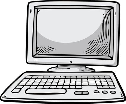 mano dibujado ilustración de un escritorio computadora con monitor y teclado en Clásico estilo vector