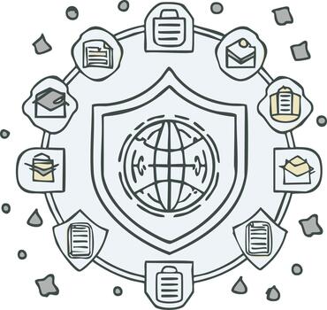 Data Security Concept with Shield and Globe, Iconography Representing Digital Protection and Worldwide Information Exchange vector