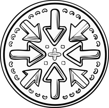Hand drawn arrows pointing inward in a circular emblem icon for convergence and focus vector