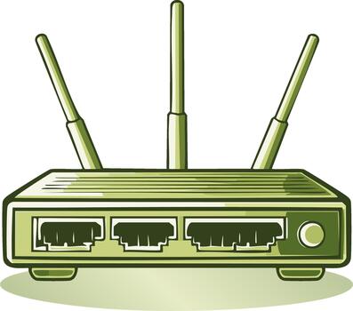 verde Wifi enrutador ilustración con Tres antenas y red conexiones en un cuadrado forma diseño vector