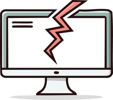Digital illustration of a broken computer monitor screen with a red lightning bolt icon symbolizing system error or crash vector