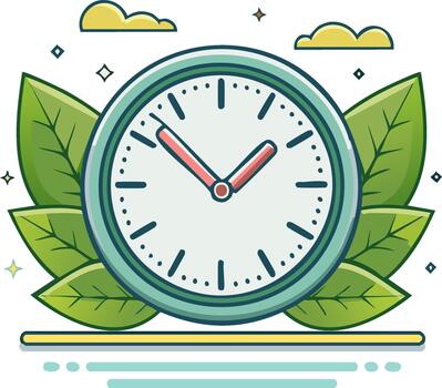 Green leaves and clouds frame a classic analog clock with minimalist design vector