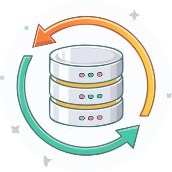 Database server with circular arrows representing data synchronization and backup vector