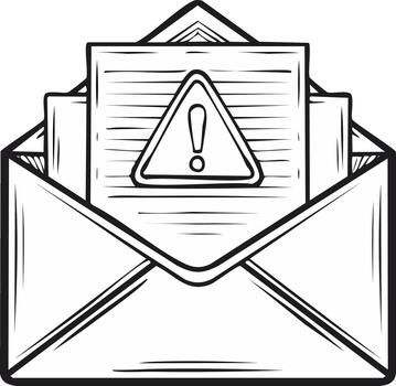 Urgent warning notice with alert symbol in an open mail envelope sketch illustration vector