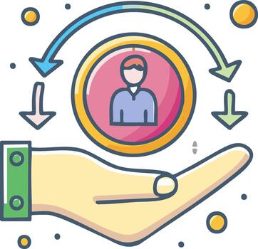 conceptual icono ilustrando un persona en un circulo dentro un protector mano con un realimentación lazo vector