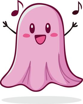 A cute pink ghost cartoon character with a happy face is singing and floating with music notes vector