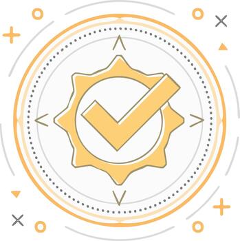 Modern line icon of a quality approval seal with a checkmark and compass vector