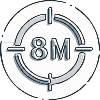 Sketchy style target icon with 8M text representing a precise business goal or metric vector