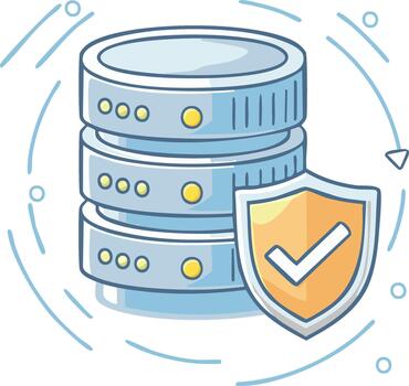 Database server protected by shield with checkmark cartoon illustration vector