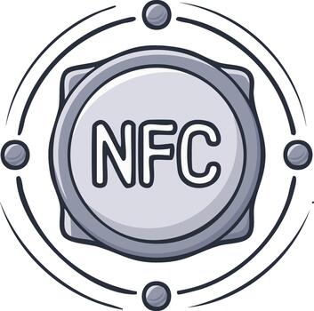 nfc tecnología emblema inalámbrico comunicación, red conexión, sin contacto pago, seguridad sistema, dibujos animados diseño vector