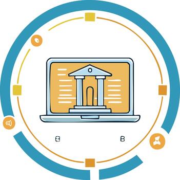 Online banking concept with laptop displaying bank icon within segmented circle, showing financial technology and e-commerce integration vector