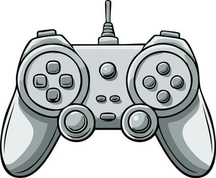 Classic wired game controller with analog sticks and buttons in a cartoon illustration style vector