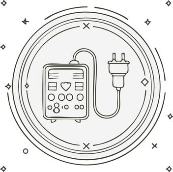 Medical device graphic with connected power plug inside of a decorative circle outline design vector