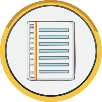 Cartoon style notepad and ruler icon within a yellow and white circular frame vector