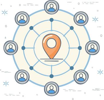 Location based social network connecting user groups around a central geographic point vector