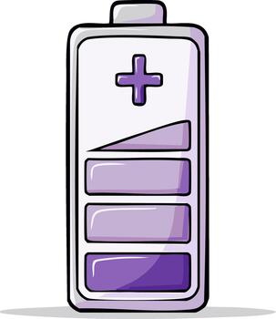 dibujos animados batería icono ilustración demostración cargar nivel indicador con más firmar, energía símbolo representando poder fuente y almacenamiento vector