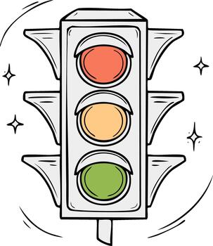Hand-drawn traffic signal with red, yellow, and green lights illuminated, surrounded by playful sparkle elements vector