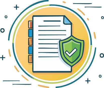 Secure document file with green shield and checkmark illustration representing data protection and approval vector