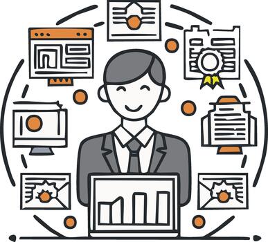 Smiling professional managing digital workflow with project management and data analytics icons vector