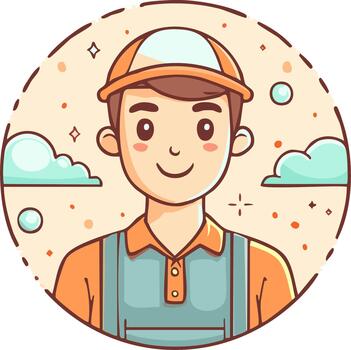 Cartoon Man in Cap and Overalls with Clouds and Sparkles in Cream Circle Frame vector