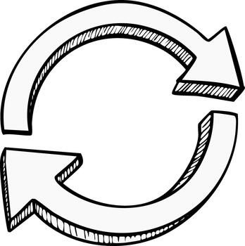 Hand drawn refresh and recycle symbol with circular arrows in a sketch style vector