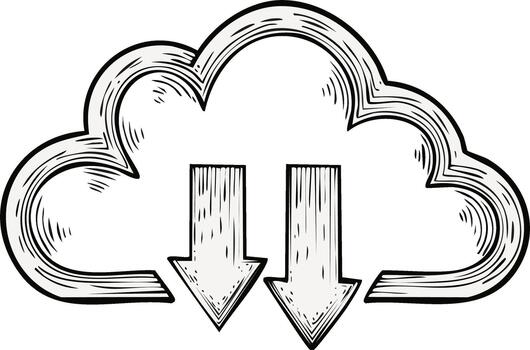 nube informática mano dibujado ilustración con descargar flechas simbolizando datos transferir y Internet almacenamiento tecnología vector