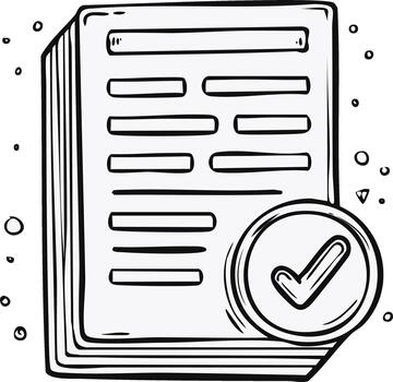 drawing of document stack with check mark symbol, sketchy illustration vector