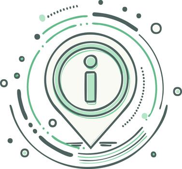 Information icon within a location pin surrounded by dynamic abstract lines and dots vector