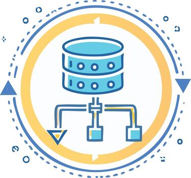 Diagram of data storage and processing in a circular workflow with linked elements emphasizing data management vector