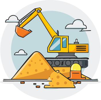 Yellow excavator digging into a large pile of sand at a construction site with clouds in the background vector