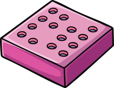 Bright pink rectangular block with multiple circular holes cartoon style illustration vector