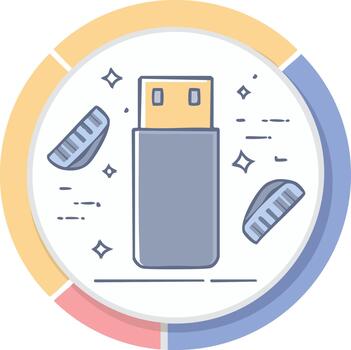Modern line art icon of a sparkling USB flash drive for data transfer in a colorful circular frame vector