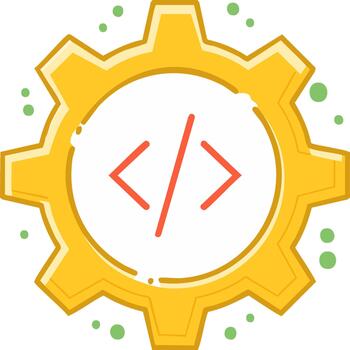 amarillo engranaje con código soportes y verde puntos simbolizando tecnología y programación vector