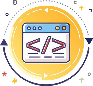 Digital coding interface with abstract circular arrows and stars signifying development process vector